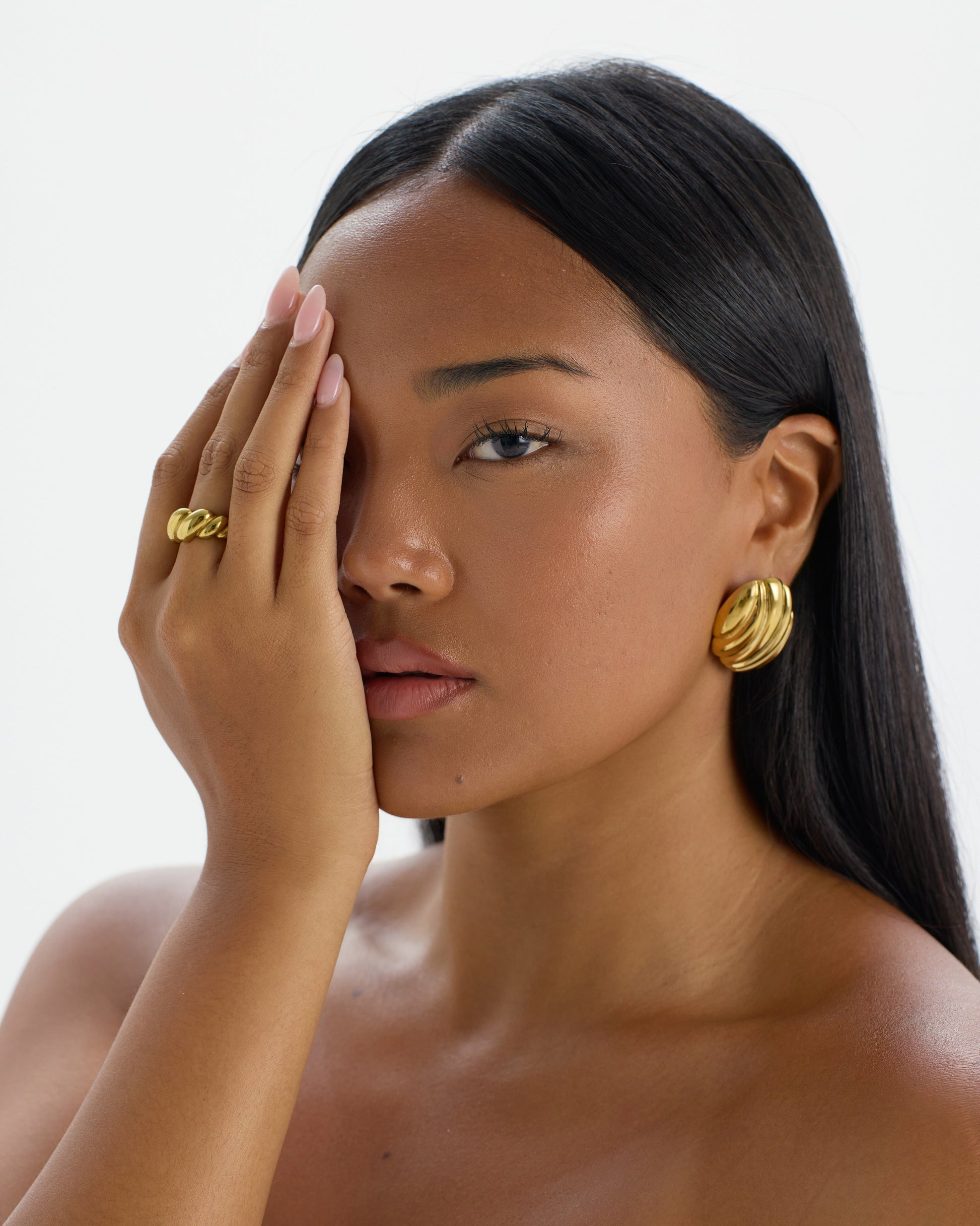 Statement 18K gold-plated textured oval stud earrings with croissant detailing