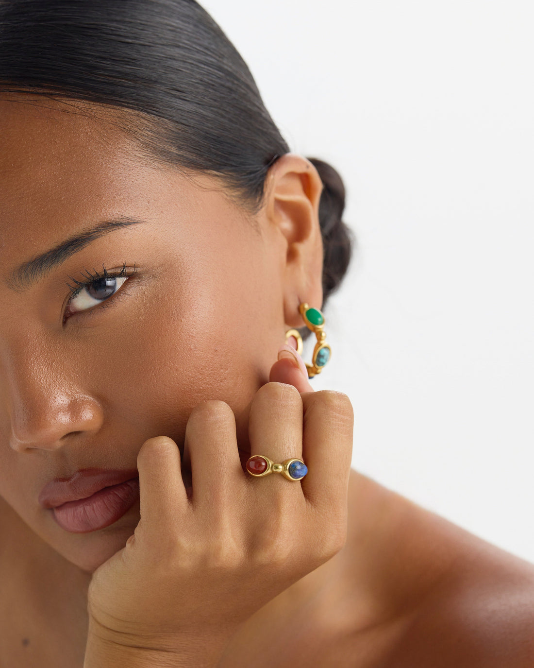 18K gold-plated gemstone ring with citrine, red agate, green aventurine or lapis lazuli
