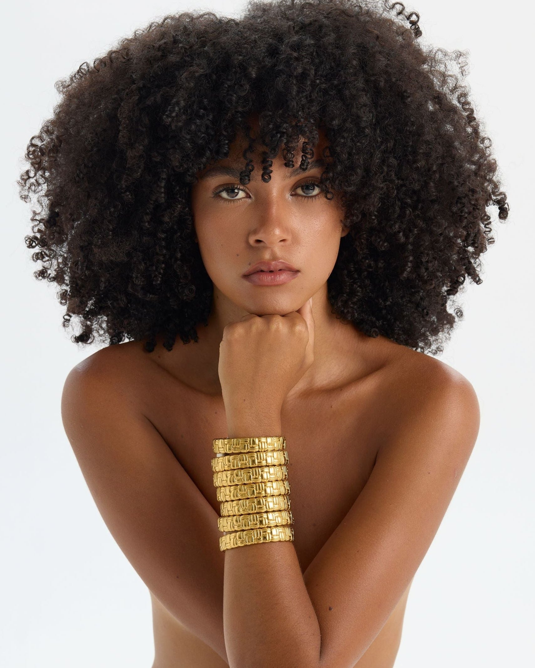 Chunky statement 18K gold-plated cuff bangle with woven texture